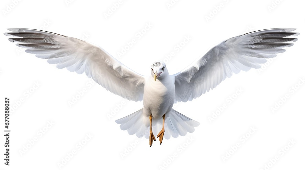Obraz premium Flying Seagull isolated on empty white background, created with Generative Ai technology.