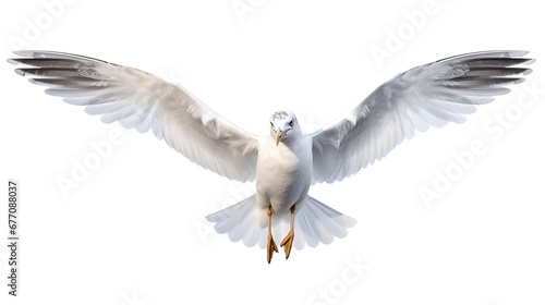 Flying Seagull isolated on empty white background, created with Generative Ai technology.