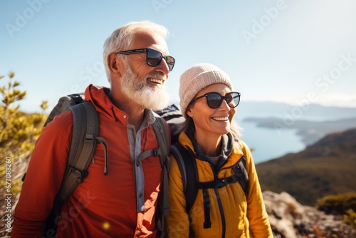 Joyful Elderly Couple Hiking in Scenic Mountains