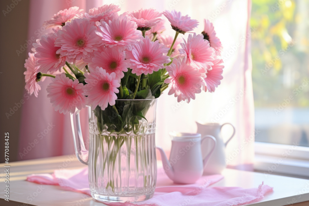 Fototapeta premium Spring flowers in glass vase on wooden table. Blurred kitchen background with old chair. Bouquet of pink gerberas. Contemporary elegant scandi interior