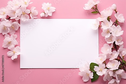 White card on a pink background decorated with flowers. Space for text. Greetings, Valentine's Day © Olga