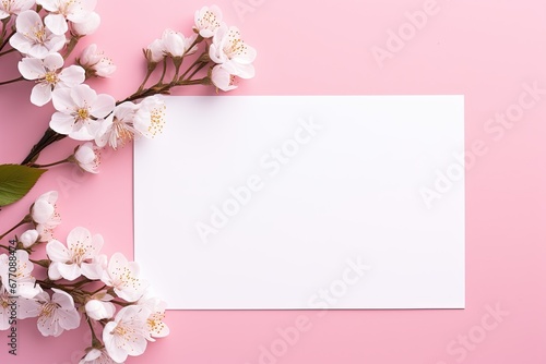 White card on a pink background decorated with flowers. Space for text. Greetings, Valentine's Day