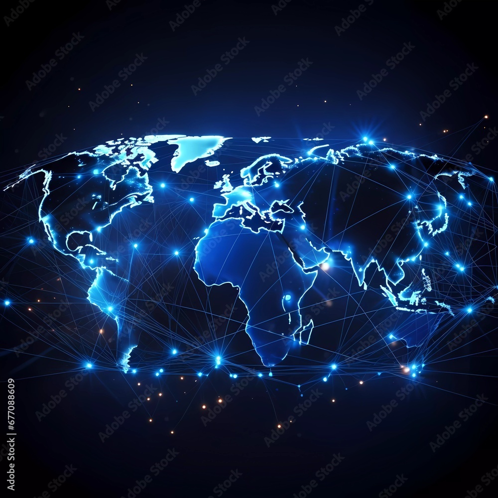world map with technology background, glowing line symbols of internet, radio, television, mobile communications and satellite, with network of glowing shapes. generative ai world map with technology background, glowing line symbols of internet, radio, television, mobile communications and satellite, with network of glowing shapes. generative ai
