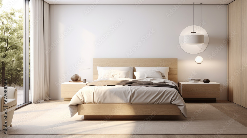a modern bedroom with a white bed and nightstand and dresser