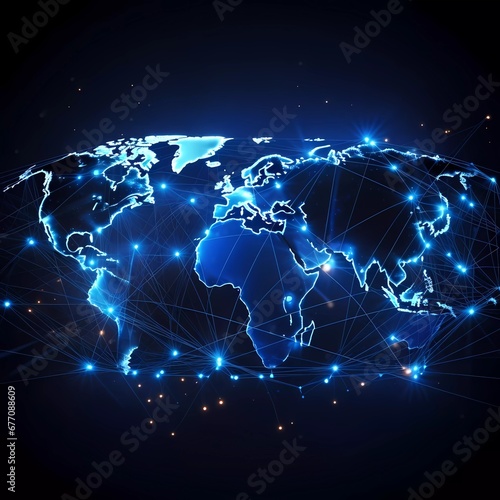 world map with technology background  glowing line symbols of internet  radio  television  mobile communications and satellite  with network of glowing shapes. generative ai