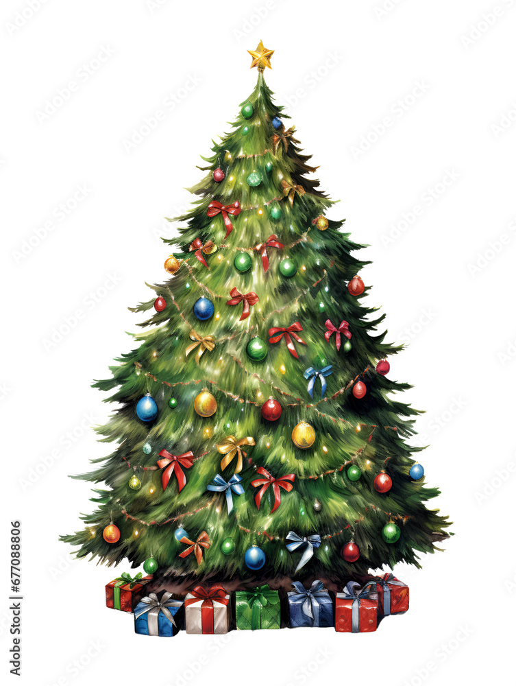 Illustration of a festive Christmas tree adorned with ornaments and gifts. Transparent background Illustration of a festive Christmas tree adorned with ornaments and gifts. Transparent background