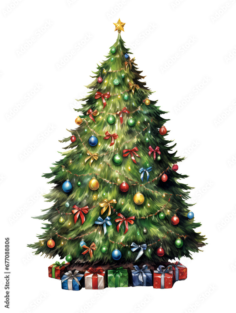 Illustration of a festive Christmas tree adorned with ornaments and gifts. Transparent background 