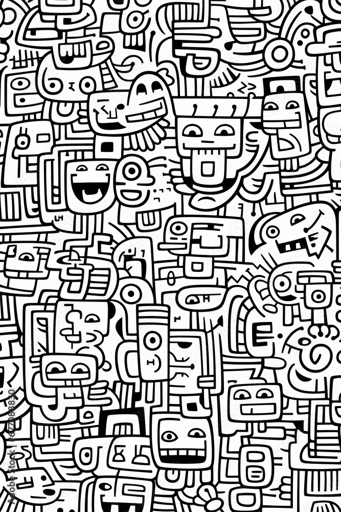 Illustration of coloring book doodle crowd cute alien monster Created with Generative AI technology. Illustration of coloring book doodle crowd cute alien monster Created with Generative AI technology.