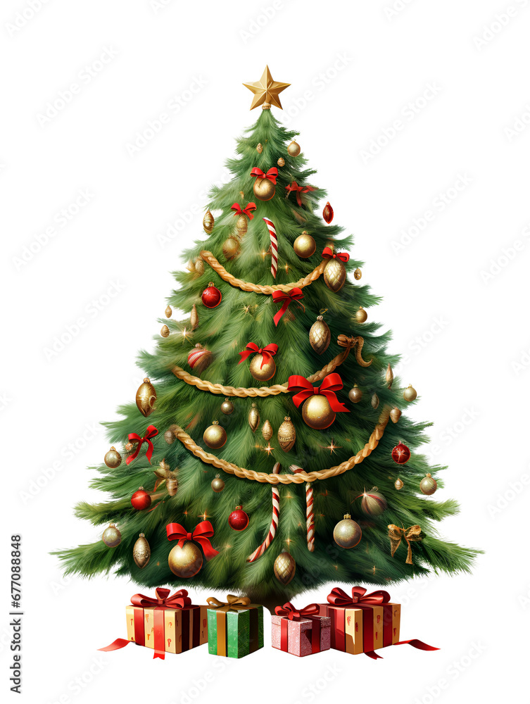Illustration of a festive Christmas tree adorned with ornaments and gifts. Transparent background 