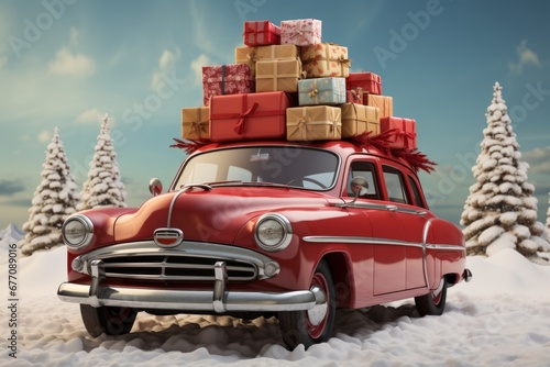 Retro red car on the car and wrapped gifts in boxes around against the background of New Year trees in the snow and blue sky, New Year's card