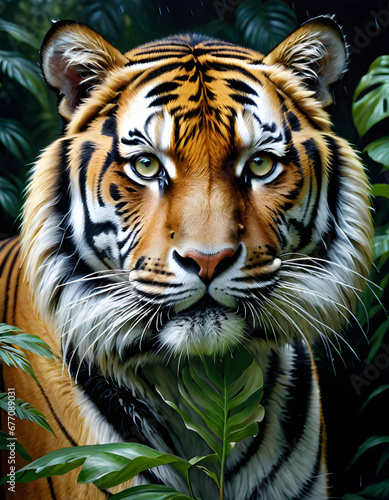 majestic tiger relaxing in a rain forest. generative ai