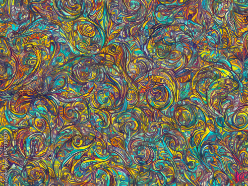 Busy colorful scribble swirls background pattern in turquoise and yellow