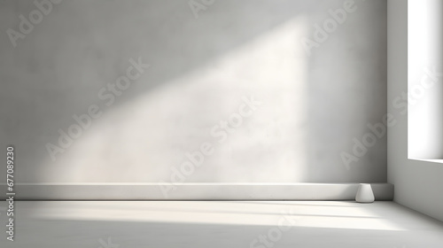 Minimal abstract light gray background for product presentation. Shadow and light from windows on plaster wall. © Sticker