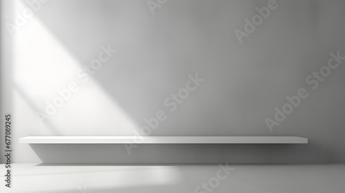 Minimal abstract light gray background for product presentation. Shadow and light from windows on plaster wall.