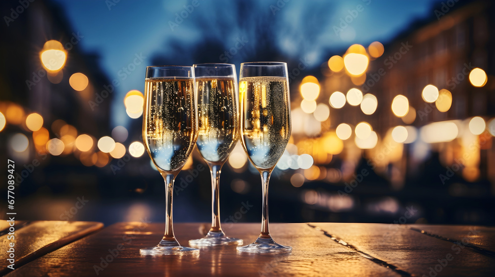 Champagne glasses sit on a table against the background of a festively decorated city square during winter celebrations. Christmas and New Year celebrations card with champagne. - obrazy, fototapety, plakaty 
