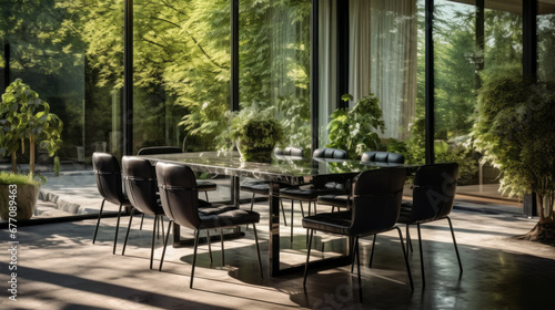 a modern dining room with a glass table and velvet chairs and a large window with a view of the garden