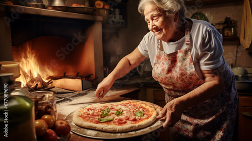 Senior Italian woman in apron in the process of making pizza in a village house kitchen, concept of Italian cuisine, traditional cooking, family traditions and the art of making homemade pizza.