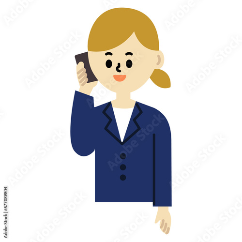 ビジネスパーソン　スマートフォンで通話　仕事　女性　スーツ　上半身　イラスト	