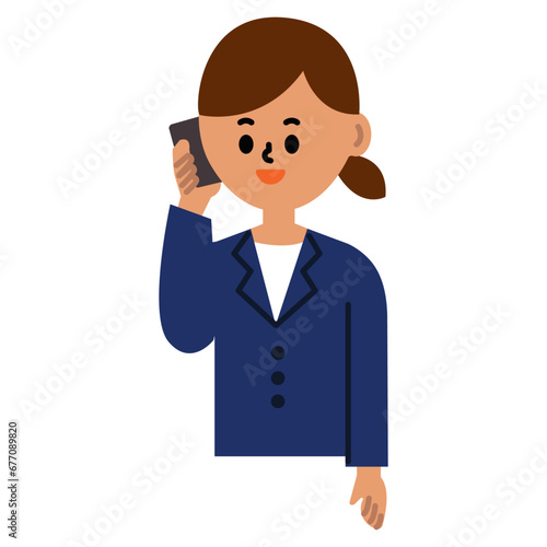 ビジネスパーソン　スマートフォンで通話　仕事　女性　スーツ　上半身　イラスト	
