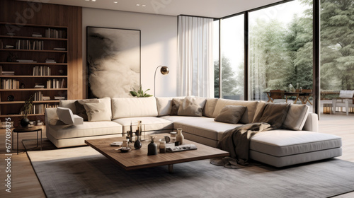 a modern family room with a large sectional sofa and a coffee table © Textures & Patterns
