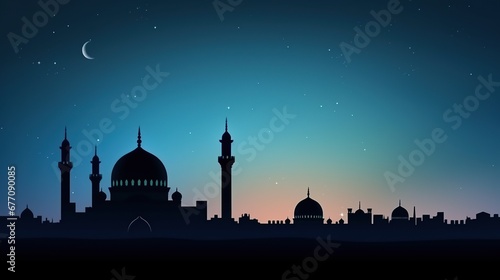 Mosque dome and crescent moon in the background, symbol of Islamic religion and empty space for text. Generative AI