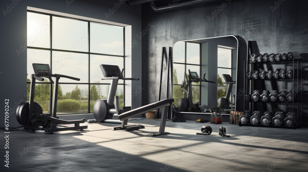 a modern home gym with a variety of exercise equipment and a large mirror and a set of weights - obrazy, fototapety, plakaty 