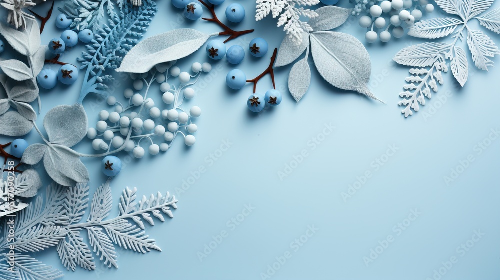 Elegant Blue and White Botanical Arrangement, Winter Copy Space Background Elegant Blue and White Botanical Arrangement, Winter Copy Space Background