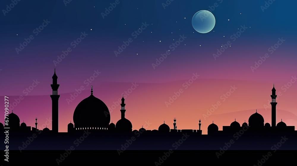 Mosque dome and crescent moon in the background, symbol of Islamic religion and empty space for text. Generative AI - obrazy, fototapety, plakaty 