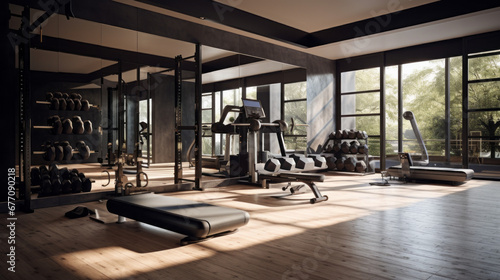 a modern home gym with a variety of exercise equipment and a large mirror and a set of weights © Textures & Patterns