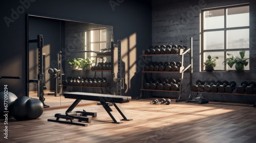 a modern home gym with a variety of exercise equipment and a large mirror and a set of weights