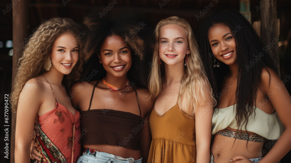 Obraz premium Close up portrait of four cheerful young diverse women, female friends smiling at camera while posing together isolated over grey background. Diversity, beauty, friendship concept. Horizontal shot