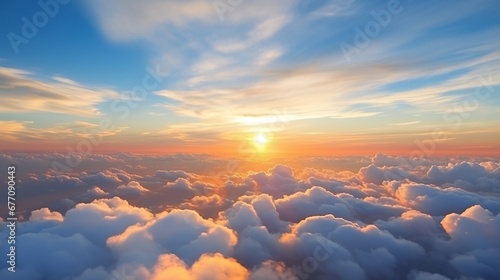Fototapeta Naklejka Na Ścianę i Meble -  yellow and blue sky above clouds sunrise. Generative AI