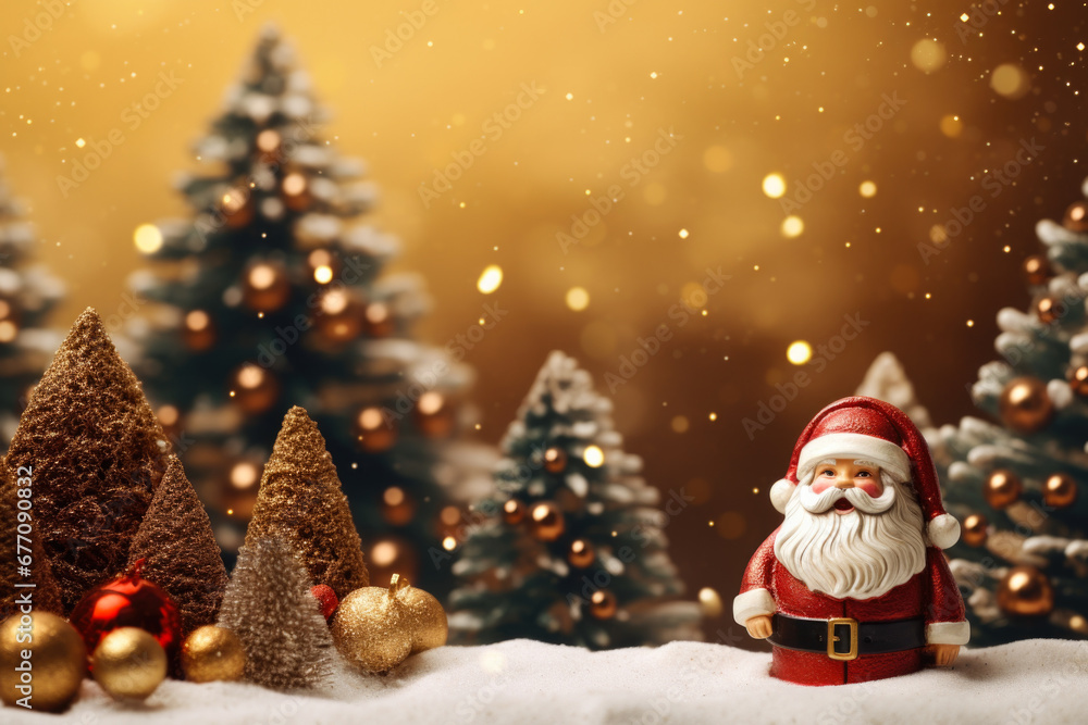 A festive Santa Claus figurine standing in front of beautifully decorated Christmas trees. Perfect for holiday decorations or Christmas-themed projects A festive Santa Claus figurine standing in front of beautifully decorated Christmas trees. Perfect for holiday decorations or Christmas-themed projects