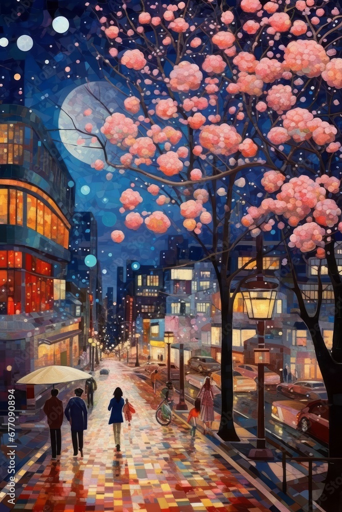 Illustration of beautiful city at night by mosaic paint style Created with Generative AI technology.