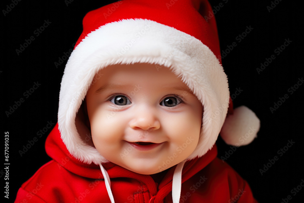 A cute baby wearing a Santa hat on a black background. Perfect for holiday-themed designs and Christmas promotions. A cute baby wearing a Santa hat on a black background. Perfect for holiday-themed designs and Christmas promotions.