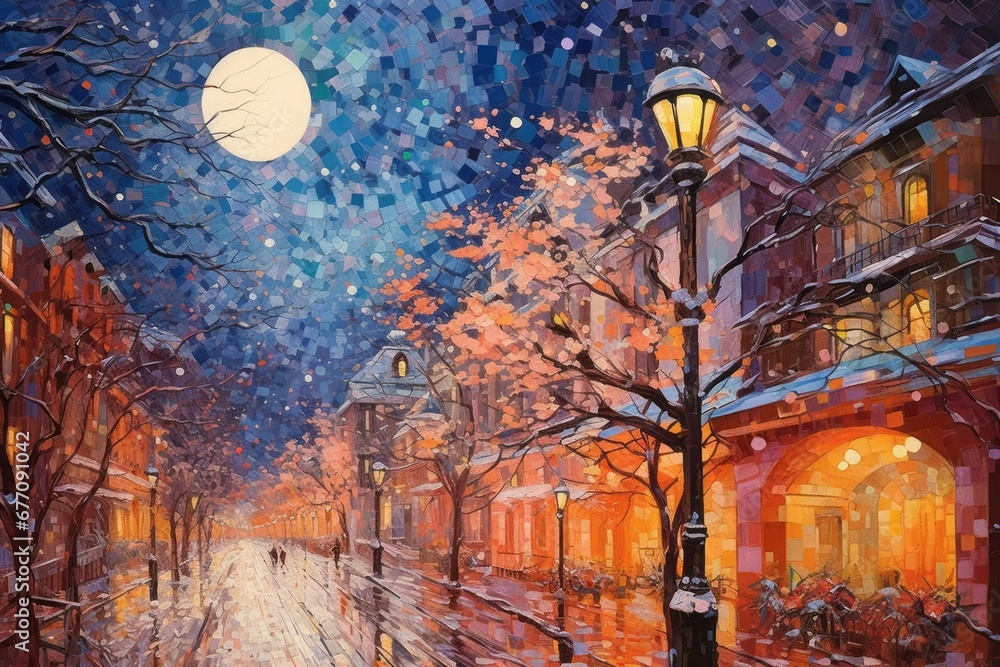 Illustration of beautiful city at night by mosaic paint style Created with Generative AI technology. Illustration of beautiful city at night by mosaic paint style Created with Generative AI technology.