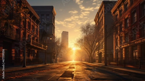 Abstract European City. Deserted city streets at dawn with the first rays of sunlight casting long shadows.