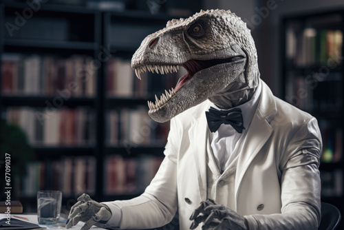 A humorous image of a T-Rex dressed in a tuxedo sitting at a desk. This picture can be used to add a touch of humor to various design projects.