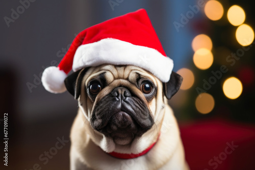 A cute pug dog is sitting on a couch wearing a festive Santa hat. Perfect for Christmas-themed designs and holiday promotions. © Fotograf