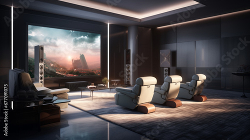 a modern home theater with reclining chairs and a large projection screen and a popcorn machine