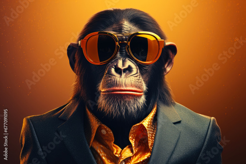 A monkey dressed in a suit and wearing sunglasses. This picture can be used to add a touch of humor and playfulness to various projects.