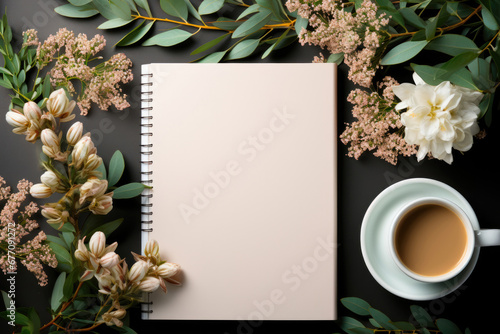 Flat lay with copy space of empty notebook on the table and flowers and a cup of coffee on a dark background photo