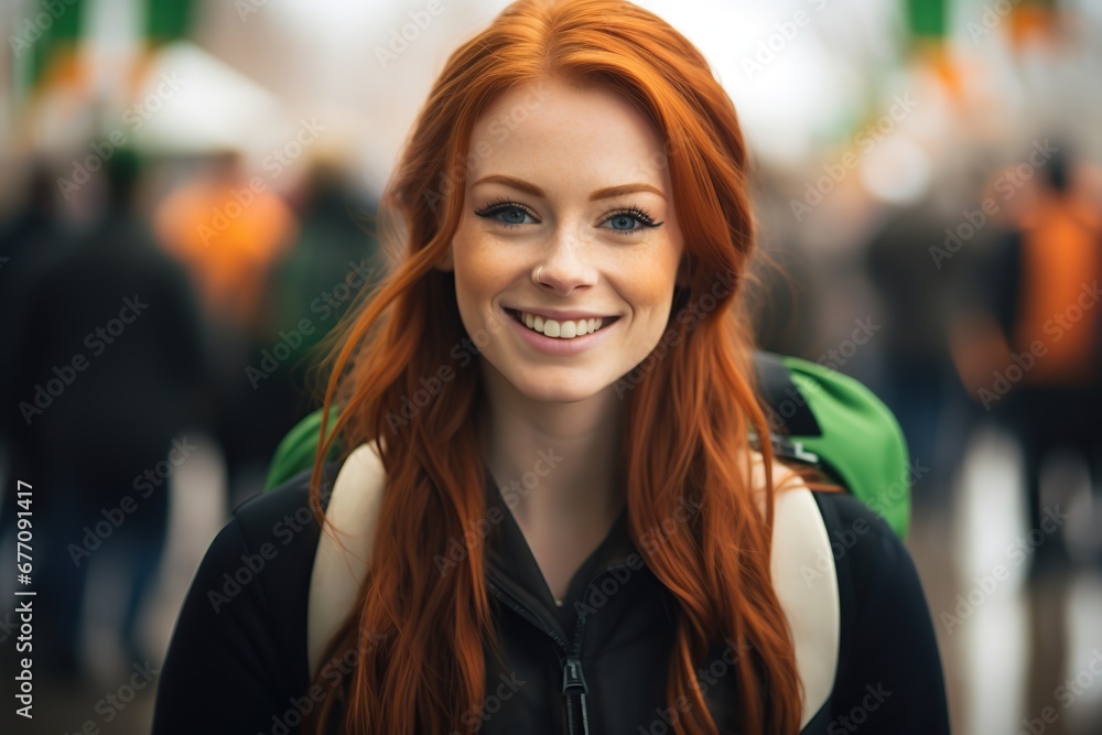 Young ginger Irish woman celebrating St. Patrick's Day in the street. Young ginger Irish woman celebrating St. Patrick's Day in the street.