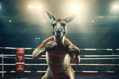 A kangaroo standing confidently in a boxing ring. This image can be used to depict strength, determination, or competition in various contexts. © Fotograf