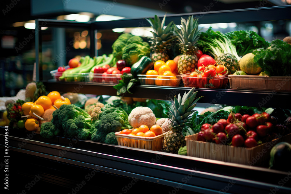 Assortment of fresh vegetables and fruits at market