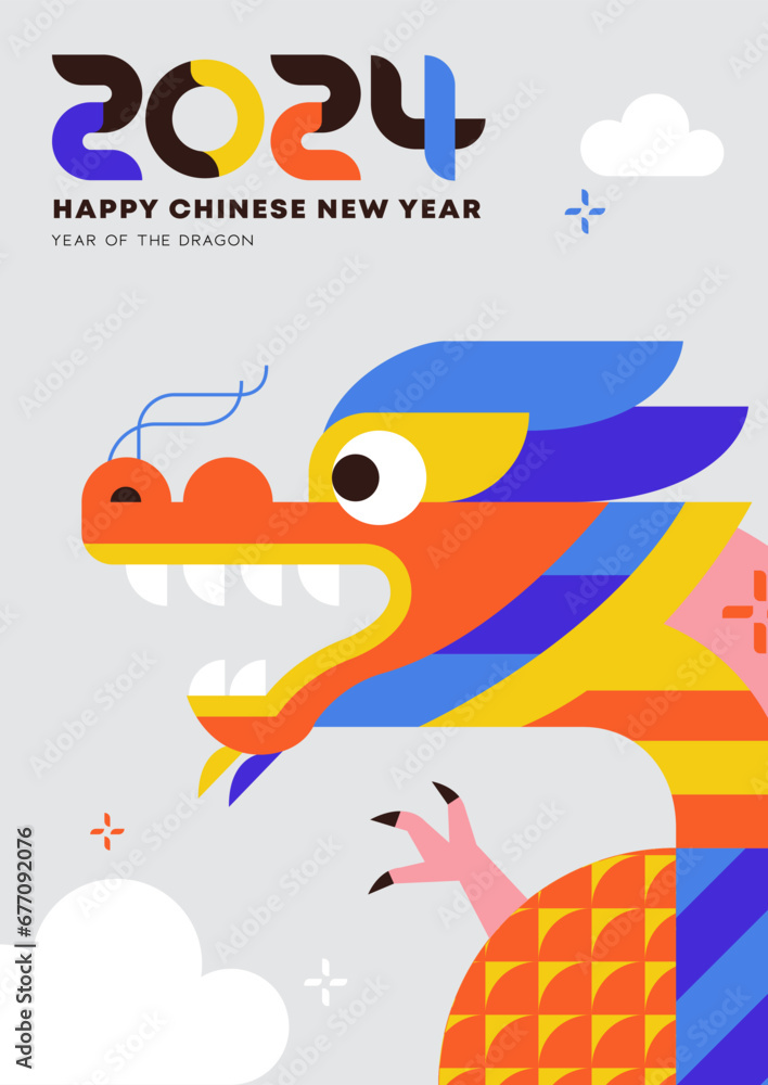 Chinese New Year 2024 poster, Year of the dragon. Chinese zodiac dragon in geometric flat modern style.