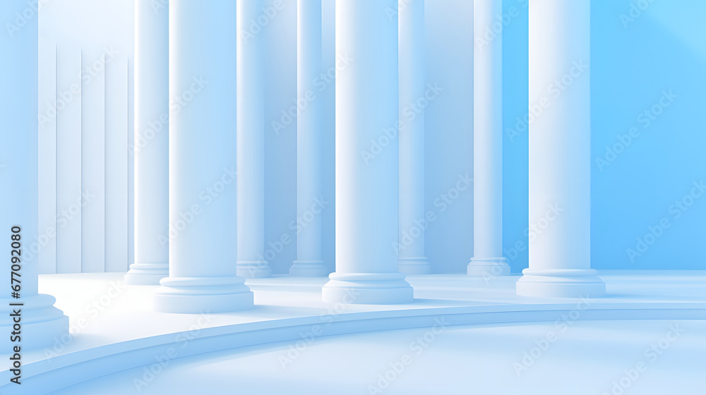 Beautiful airy widescreen minimalistic white and light blue architectural background banner with tilted columns.