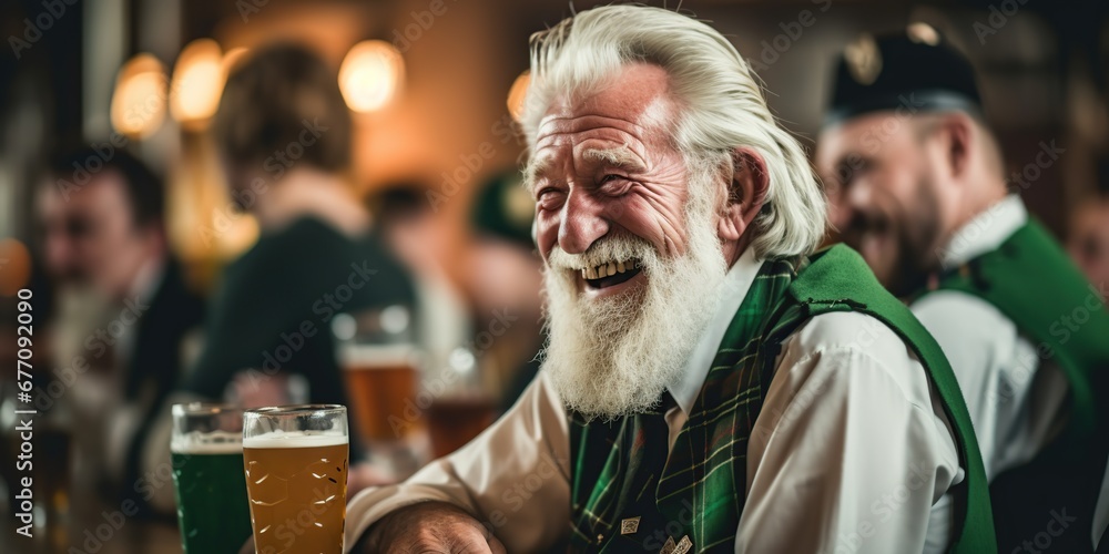 St. Patrick's Day, celebrating groups of people at the bar wearing clothes with green shades. - obrazy, fototapety, plakaty 