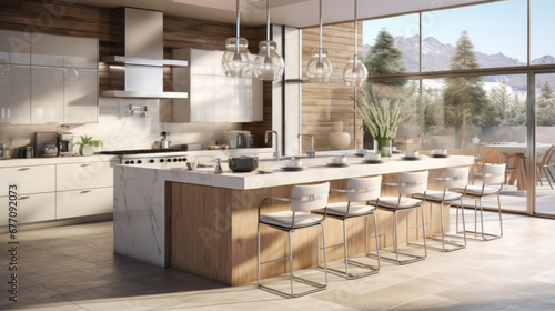 A modern kitchen has a center island and a backsplash of glass tile photo