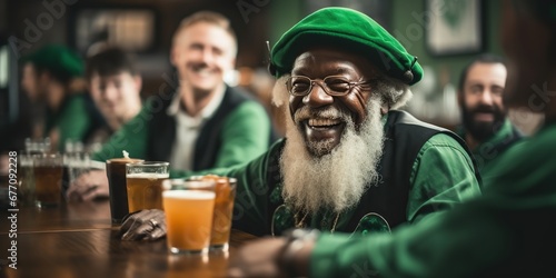 Happy interracial friends in green dressed holding glasses of beer, celebrating Saint Patrick Day.